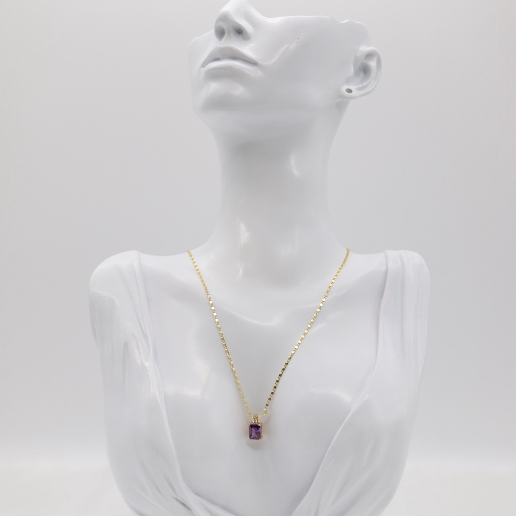 Gold Necklace With Rectangular Purple Gemstone Pendant
